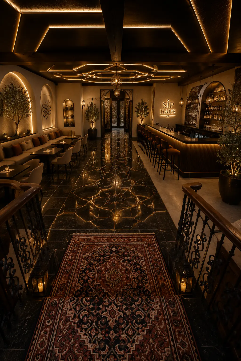 Nightform interior concept render for Blindside Lounge: dark lounge with rugs and warm lighting