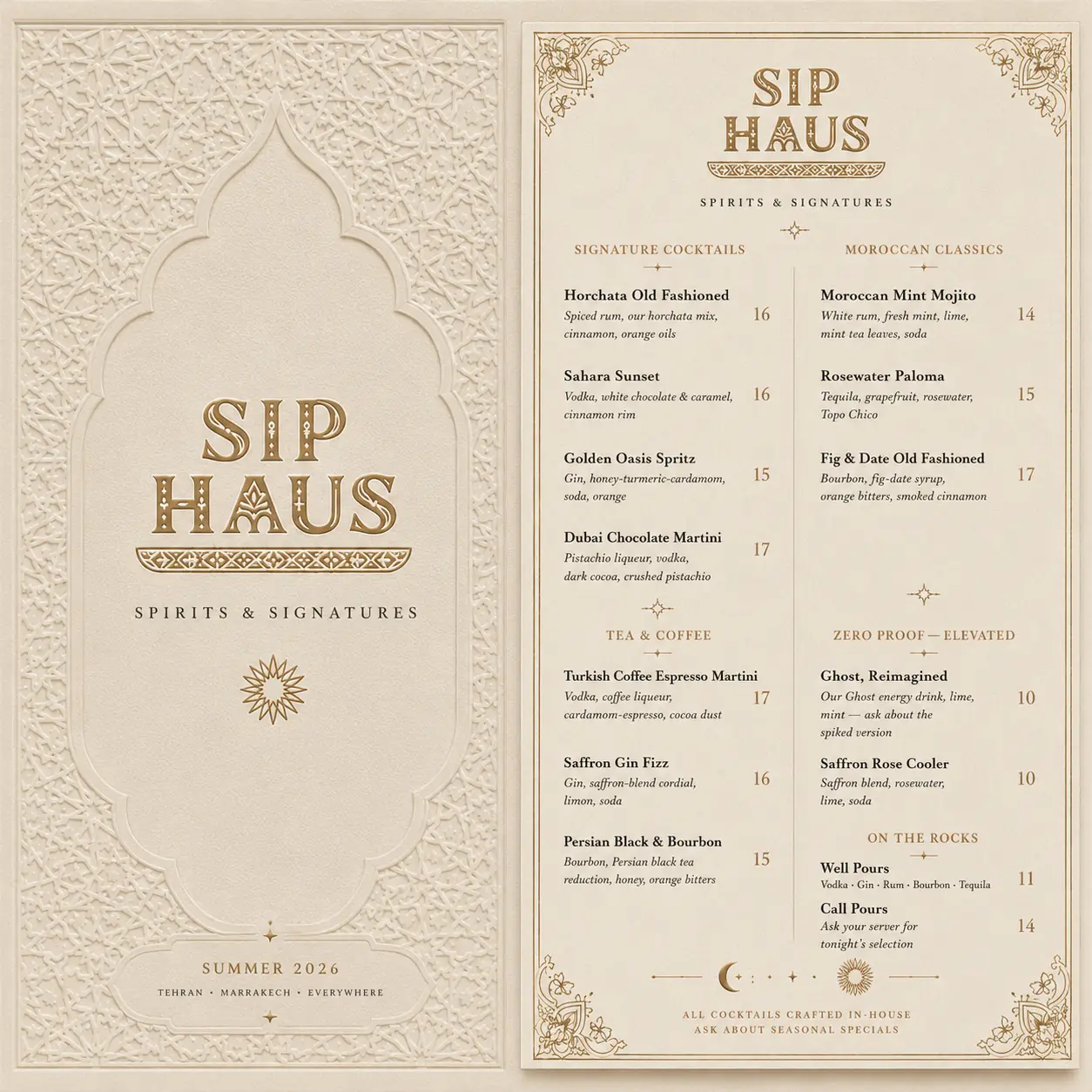 Sip Haus menu after the Nightform redesign in cream and gold